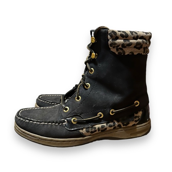 Sperry Hikerfish Black Leather Leopard Lace Up Boots Womens Size 7M 9531393 - Picture 5 of 12